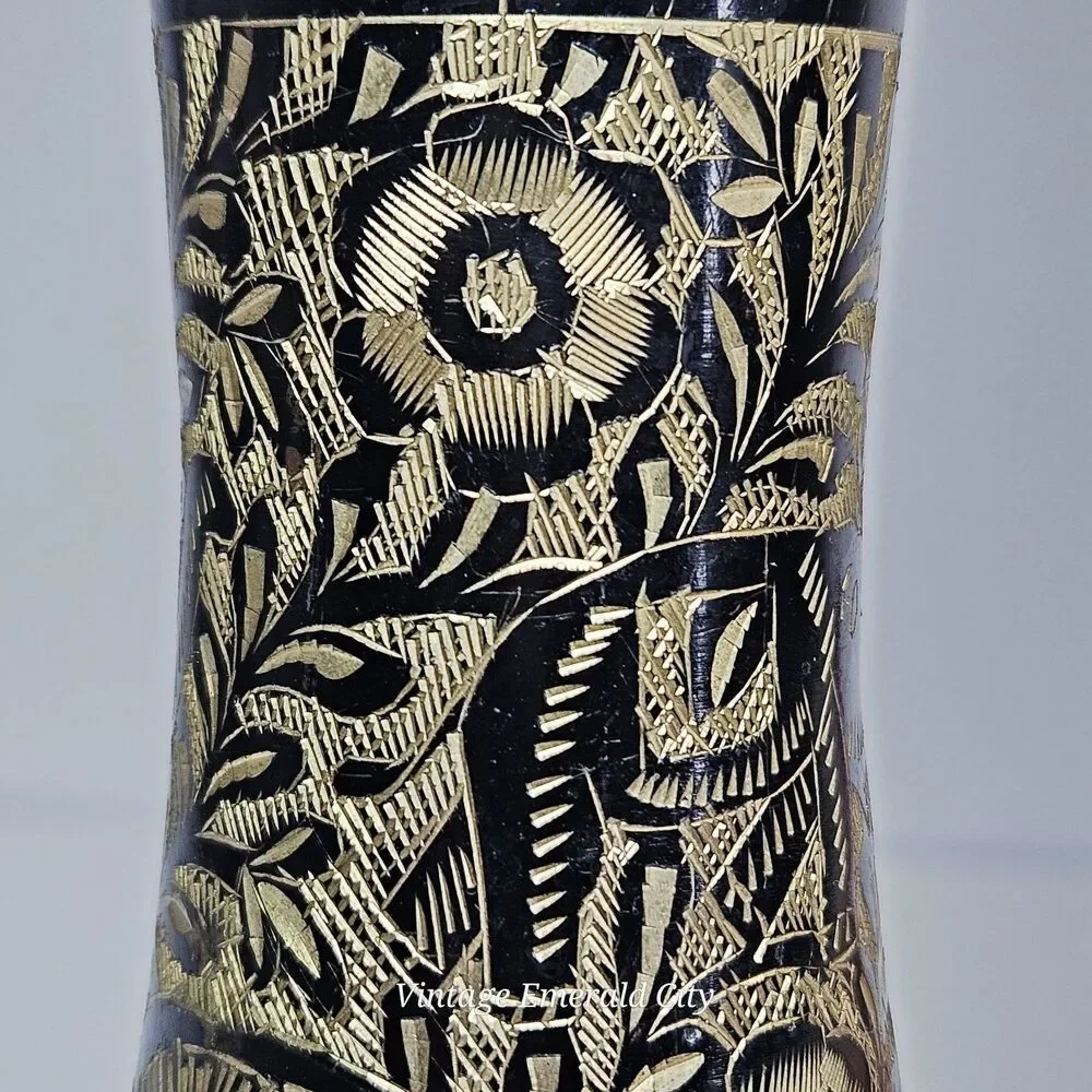 Vtg Black Gold Etched Brass Vase Peacock Floral Metalwork 9.5